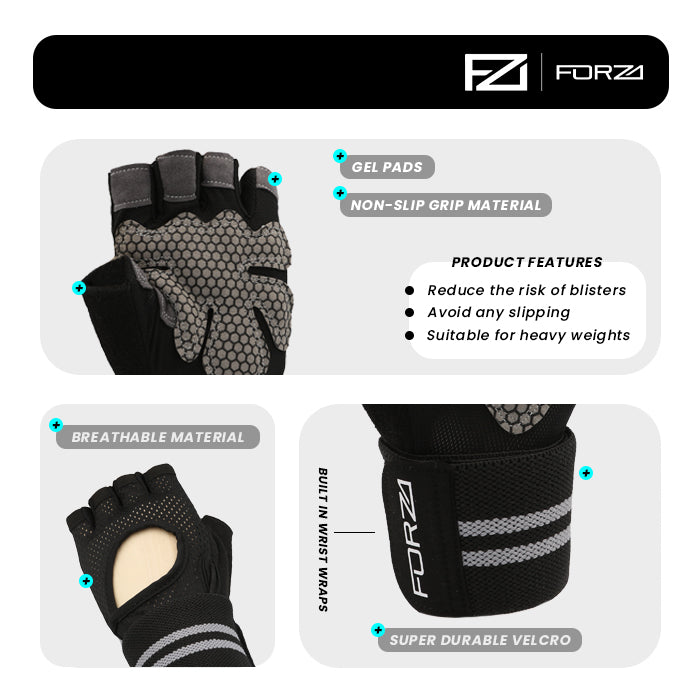 FORZA Weight Lifting/Gym Gloves - Non-Slip - Padded - Open Back – with Wrist Support